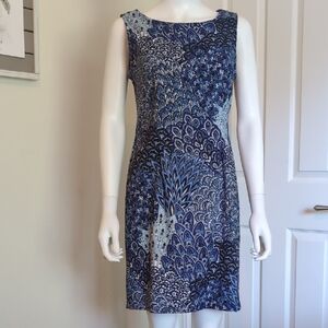 Connected Sleeveless Sheath Dress Sz8P 3% Spandex Peacock Paisley Blue White EUC